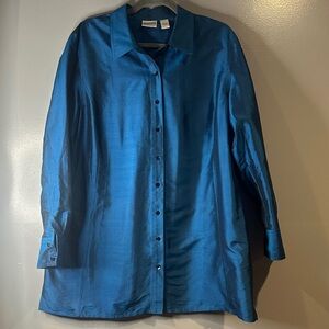 Chico’s Size 3 blue-green Satin Long Sleeve Blouse XL old money preppy career